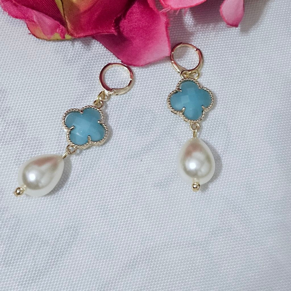 Teardrop Pearl/Turquoise Fashion Gold Tone Dangle Earrings - Picture 1 of 2